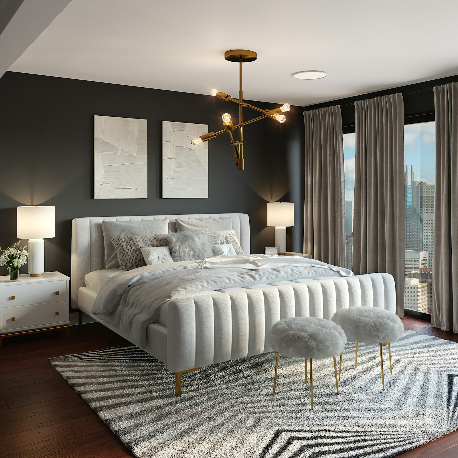 Ruhiges Schlafzimmer mit Leinenbettwäsche und Sessel