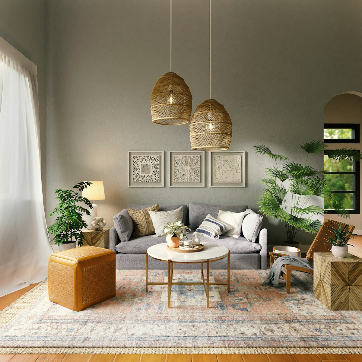 Styling-Details mit Keramikvasen und Leinenstoffen