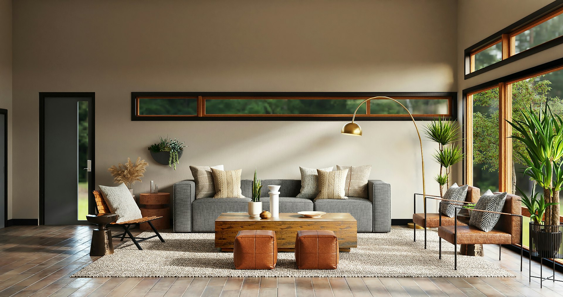 Zeitgenössisches Wohnzimmer mit warmem Licht und klaren Linien