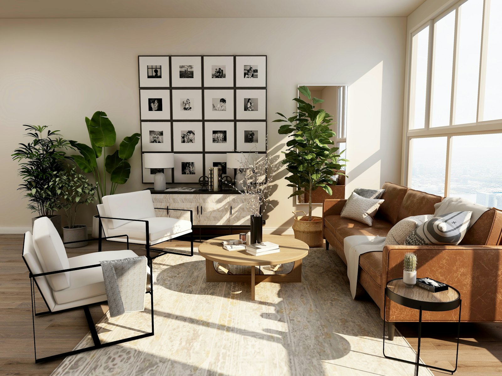 Helles Wohnzimmer mit Bouclé-Sofa und natürlichem Licht